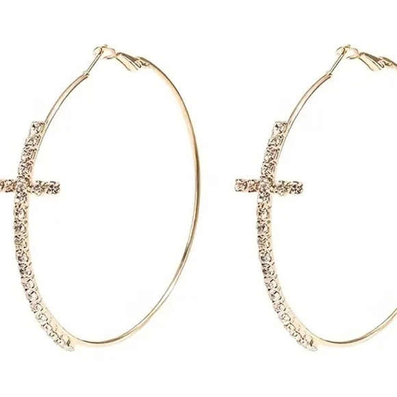 NEW! Cross Rhinestone Hoop Earrings - Picture 2 of 2
